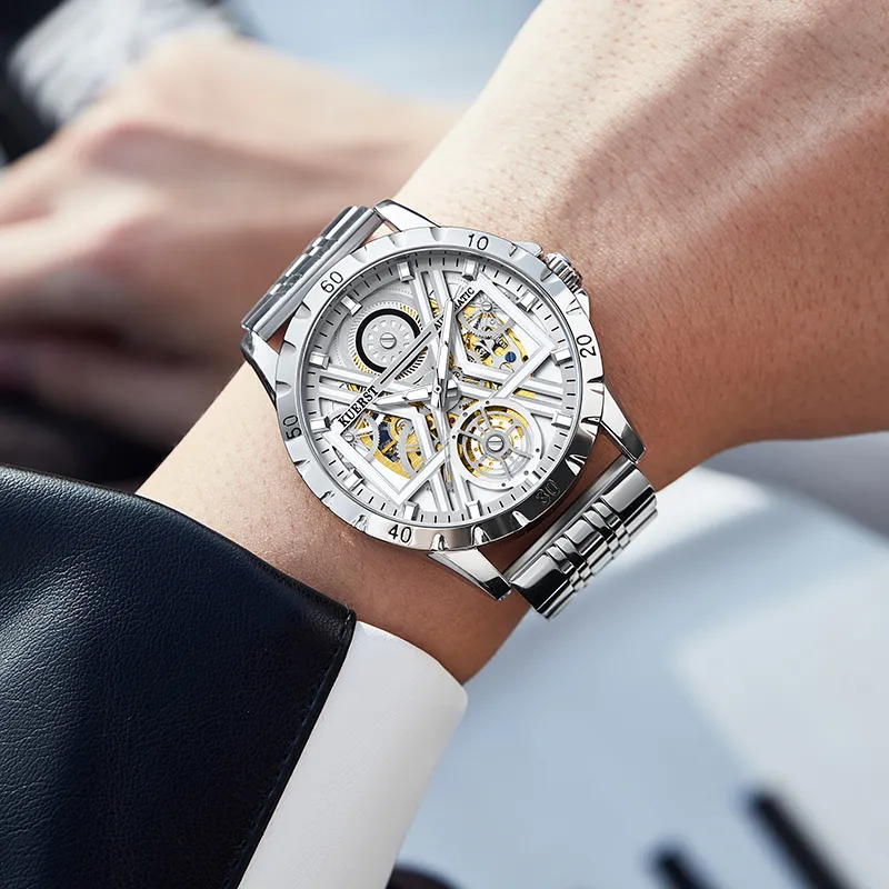 KUERST Automatic Mechanical Movement Steel Strap Watch Men's Watches White Dial-2