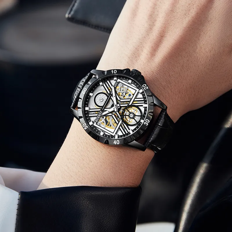 KUERST Automatic Mechanical Movement Genuine Leather Strap Watch Men's Watches White Dial-8