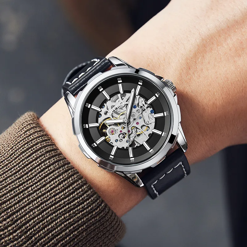 KUERST Automatic Mechanical Movement Genuine Leather Strap Watch Men's Watches White Dial-5