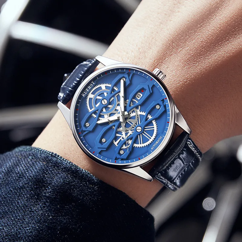 KUERST Automatic Mechanical Movement Cow Leather Strap Watch Men's Watches Blue Dial-3