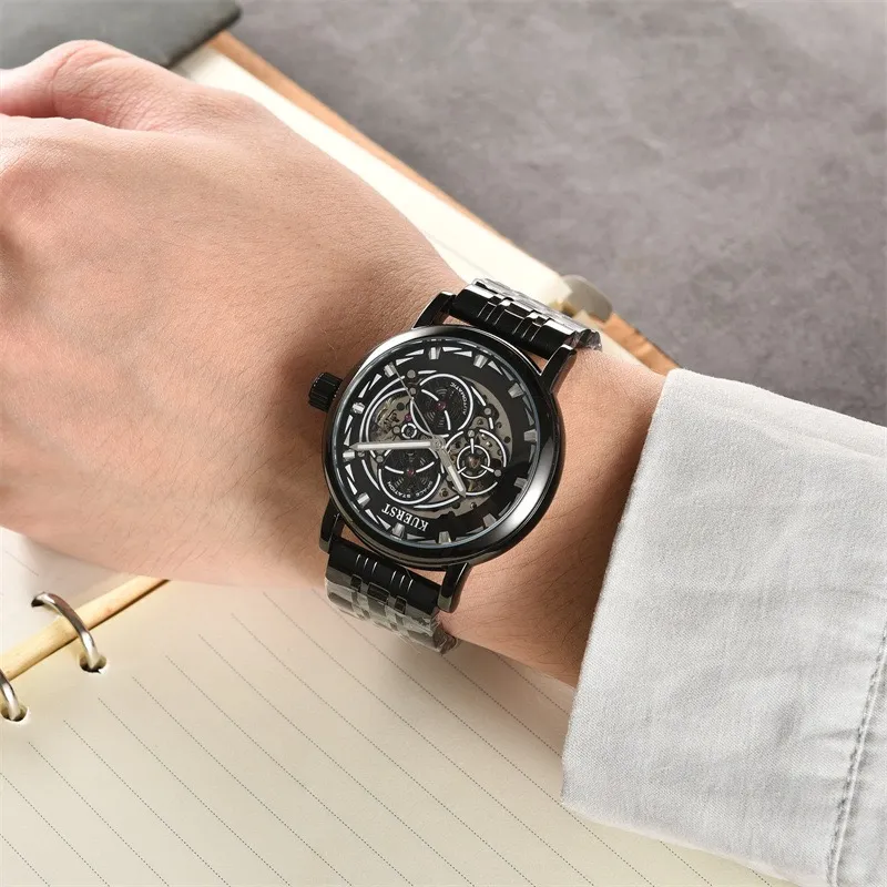 KUERST Automatic Mechanical Movement Steel Strap Watch Men's Watches Gold Dial-14