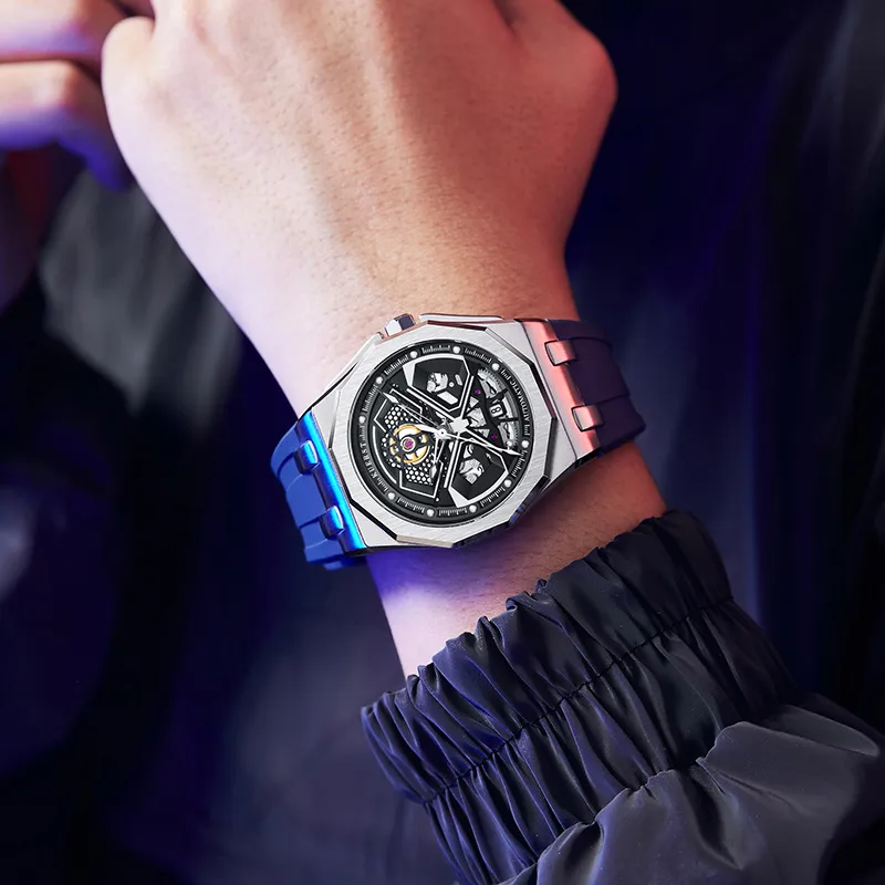 KUERST Automatic Mechanical Movement Rubber Strap Watch Men's Watches Black Dial-4