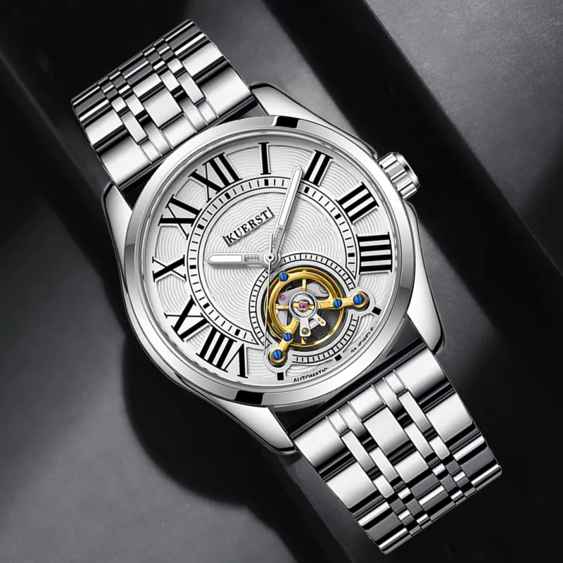 KUERST Automatic Mechanical Movement Steel Strap Watch Men's Watches White Dial-1