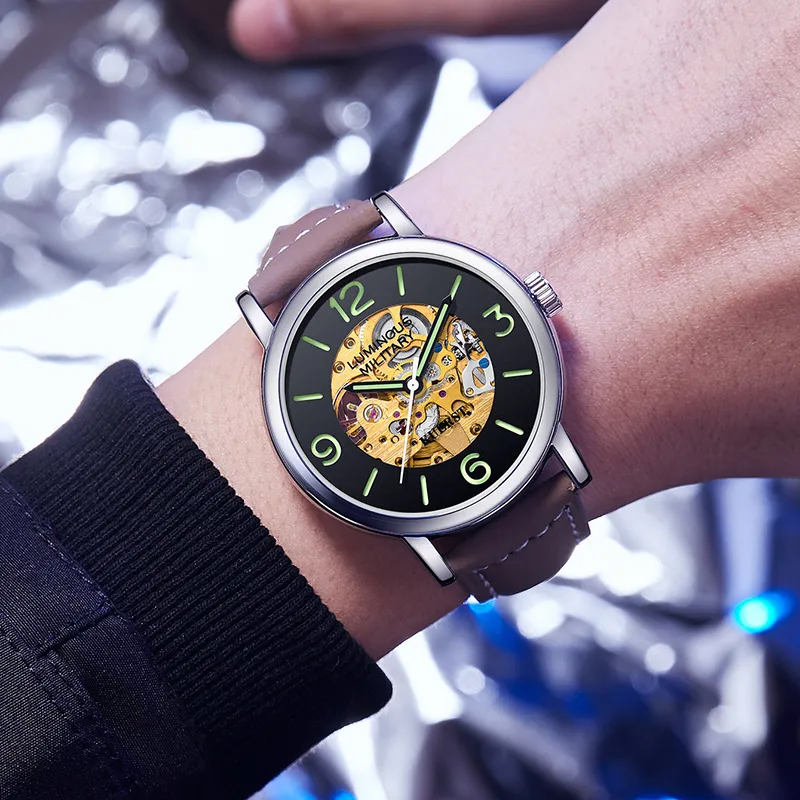 KUERST Automatic Mechanical Movement Cow Leather Strap Watch Men's Watches Black Dial-3