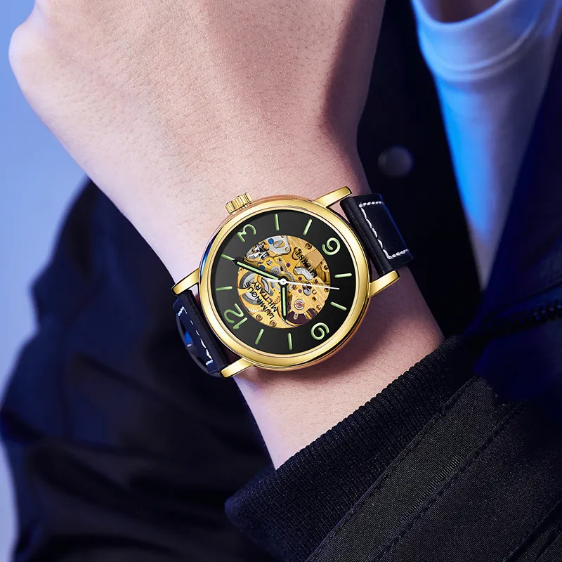 KUERST Automatic Mechanical Movement Cow Leather Strap Watch Men's Watches Black Dial-5