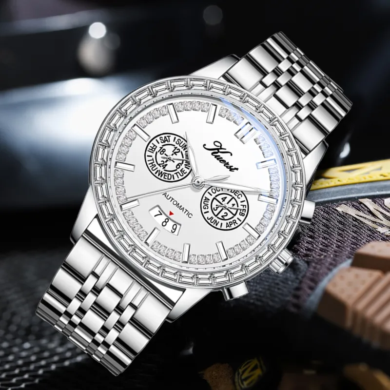 KUERST Automatic Mechanical Movement Steel Strap Watch Men's Watches White Dial-4