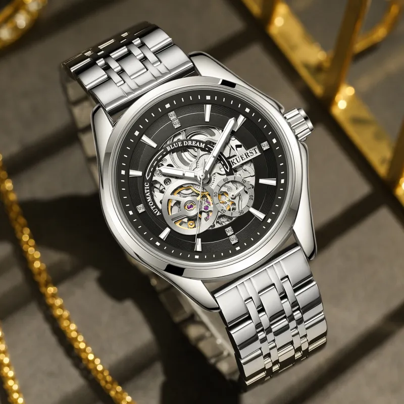 KUERST Automatic Mechanical Movement Steel Strap Watch Men's Watches Cut Out Dial-11