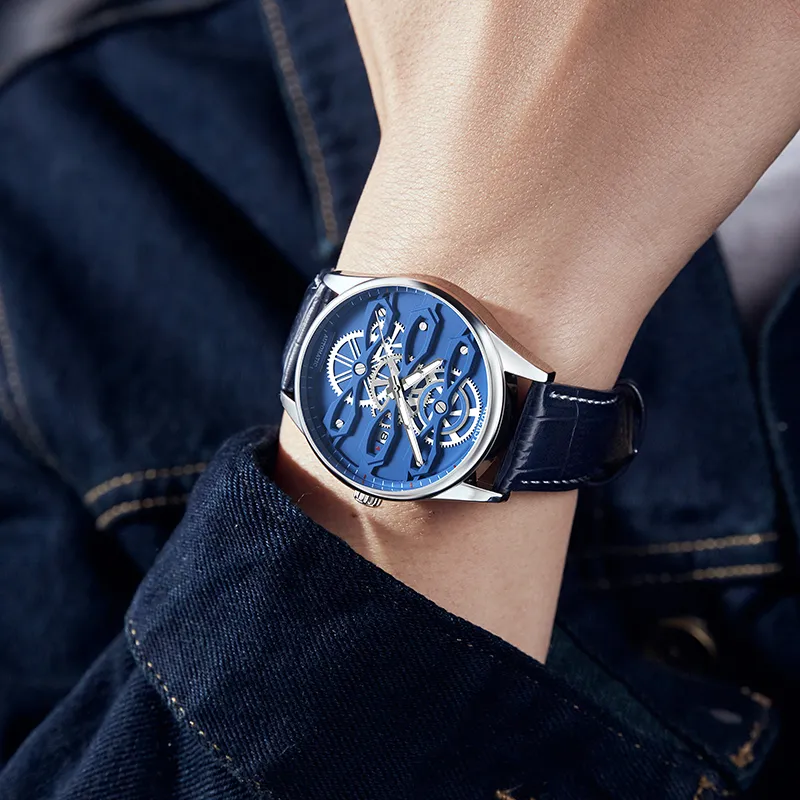 KUERST Automatic Mechanical Movement Cow Leather Strap Watch Men's Watches Blue Dial-1