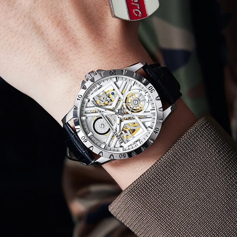 KUERST Automatic Mechanical Movement Genuine Leather Strap Watch Men's Watches White Dial-2