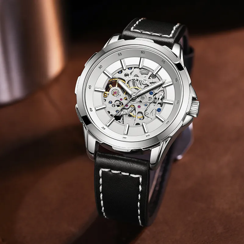 KUERST Automatic Mechanical Movement Genuine Leather Strap Watch Men's Watches White Dial-2
