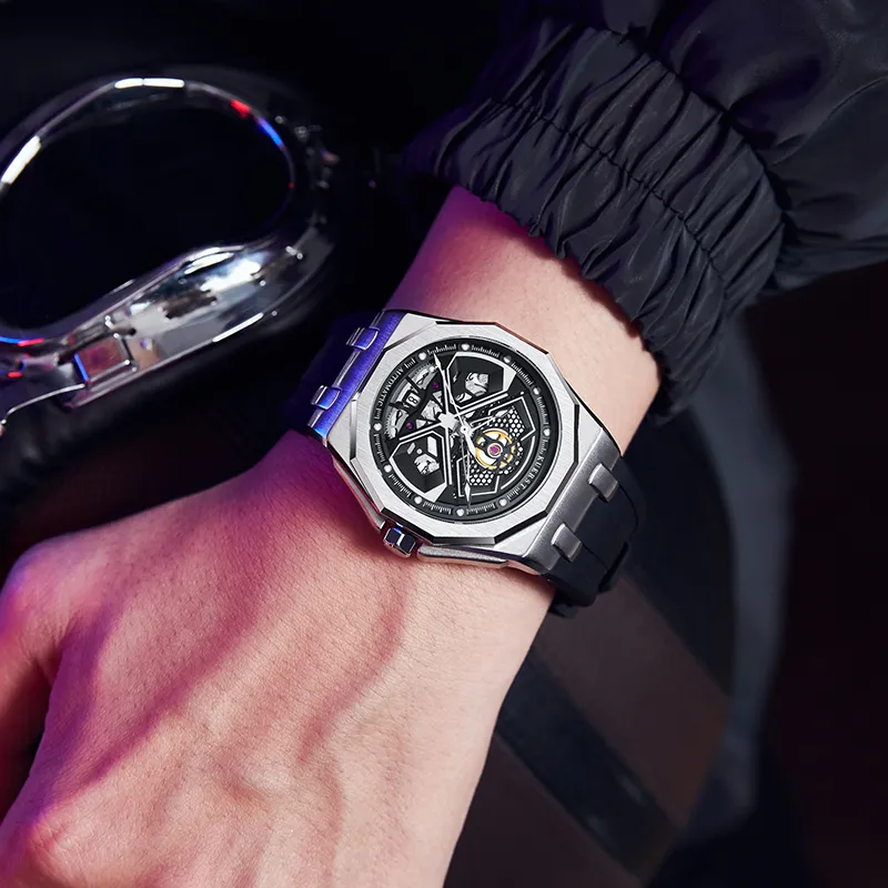 KUERST Automatic Mechanical Movement Rubber Strap Watch Men's Watches Black Dial-7