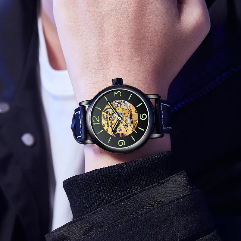 KUERST Automatic Mechanical Movement Cow Leather Strap Watch Men's Watches Black Dial-9