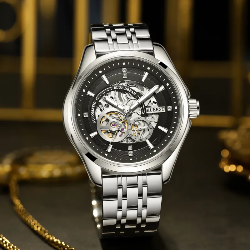 KUERST Automatic Mechanical Movement Steel Strap Watch Men's Watches Cut Out Dial-13