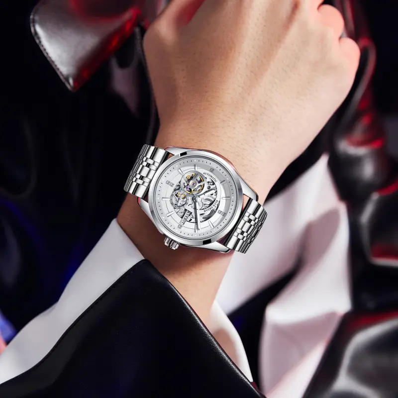 KUERST Automatic Mechanical Movement Steel Strap Watch Men's Watches Cut Out Dial-5