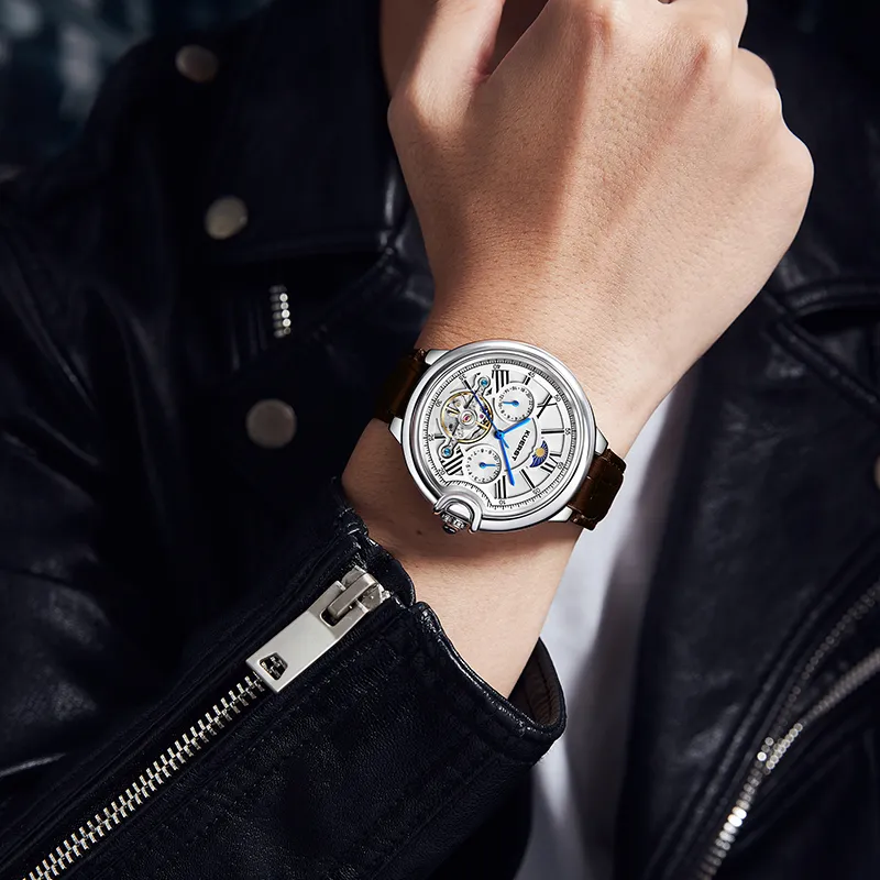 KUERST Mechanical Movement Cow Leather Strap Watch Men's Watches White Dial-15