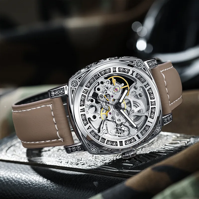 KUERST Automatic Mechanical Movement Cow Leather Strap Watch Men's Watches White Dial-4