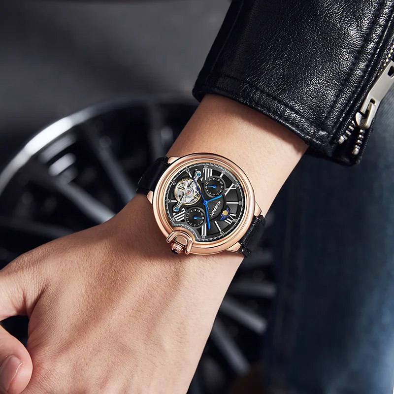 KUERST Mechanical Movement Cow Leather Strap Watch Men's Watches White Dial-9