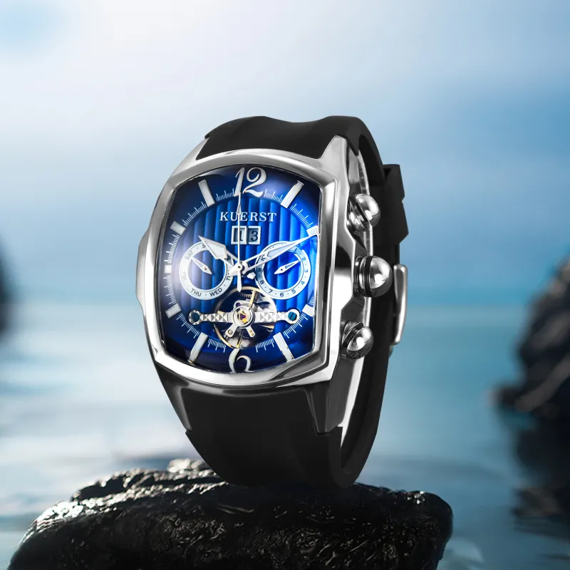 KUERST Automatic Mechanical Movement Rubber Strap Watch Men's Watches Black Dial-9