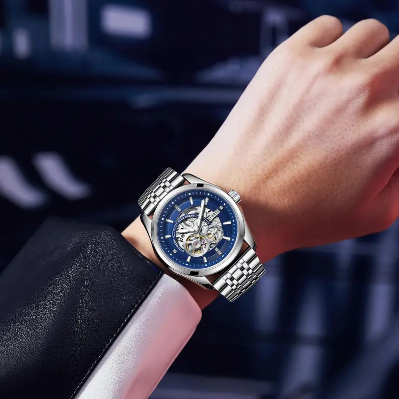 KUERST Automatic Mechanical Movement Steel Strap Watch Men's Watches Cut Out Dial-8