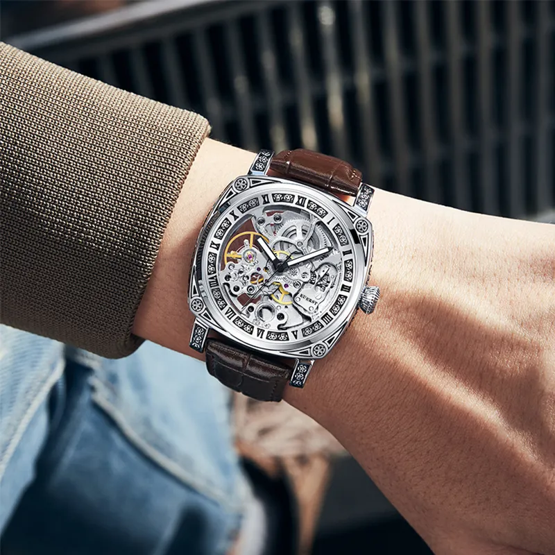 KUERST Automatic Mechanical Movement Cow Leather Strap Watch Men's Watches White Dial-5