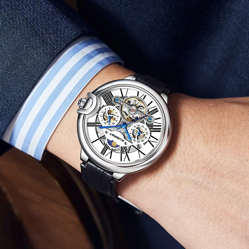 KUERST Automatic Mechanical Movement Genuine Leather Strap Men's Watches White Dial-2