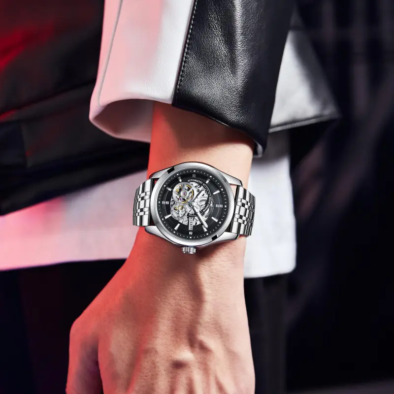 KUERST Automatic Mechanical Movement Steel Strap Watch Men's Watches Cut Out Dial-12