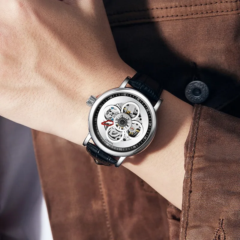 KUERST Automatic Mechanical Movement Genuine Leather Strap Watch Men's Watches White Dial-1