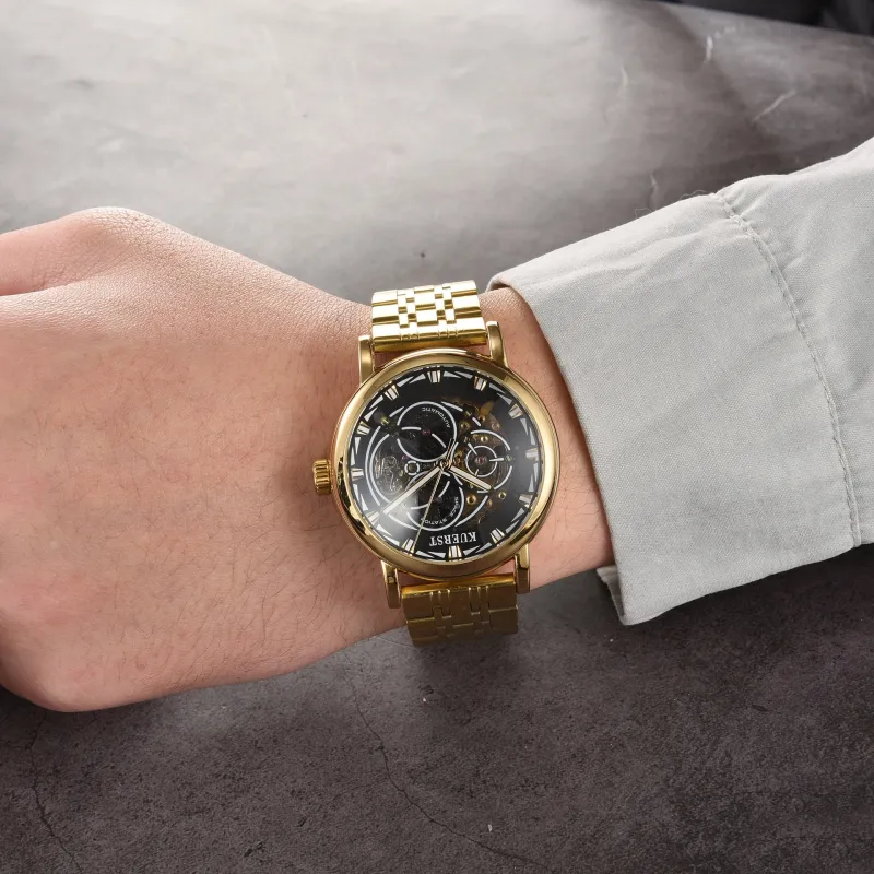 KUERST Automatic Mechanical Movement Steel Strap Watch Men's Watches Gold Dial-10