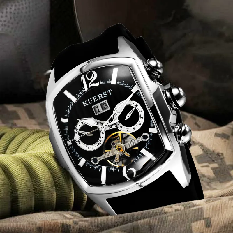 KUERST Automatic Mechanical Movement Rubber Strap Watch Men's Watches Black Dial-14