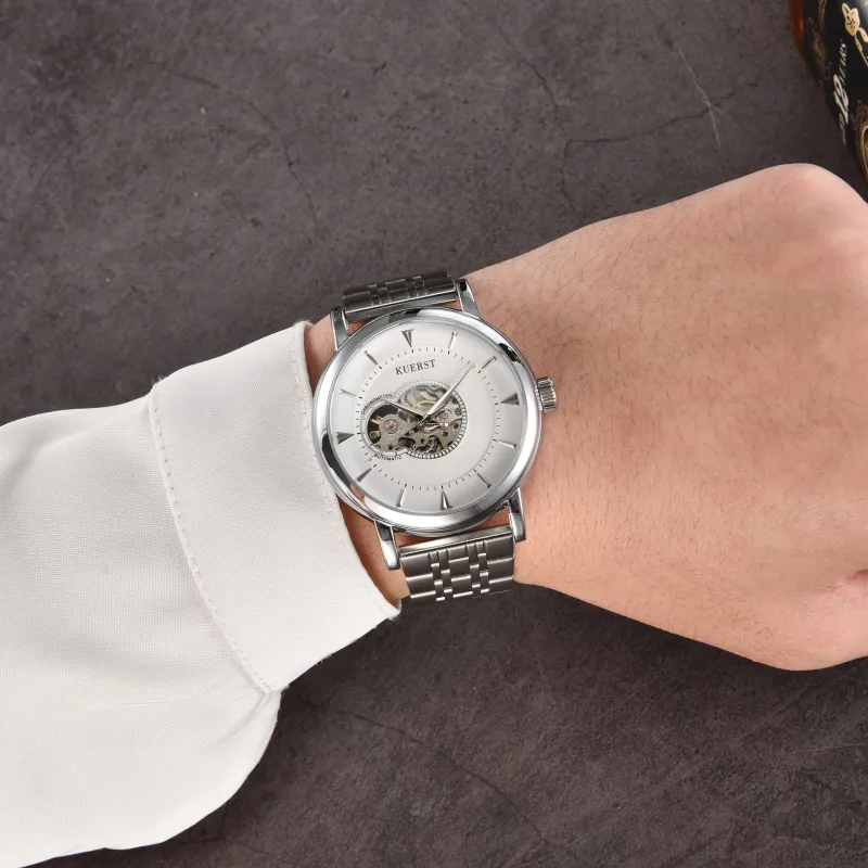 KUERST Automatic Mechanical Movement Steel Strap Watch Men's Watches Cut Out Dial-3