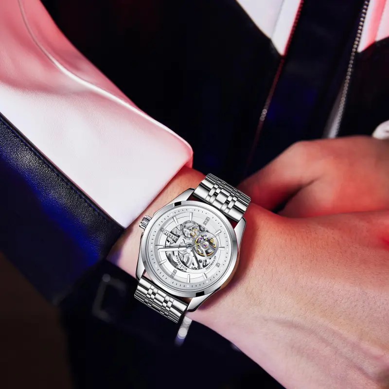 KUERST Automatic Mechanical Movement Steel Strap Watch Men's Watches Cut Out Dial-4