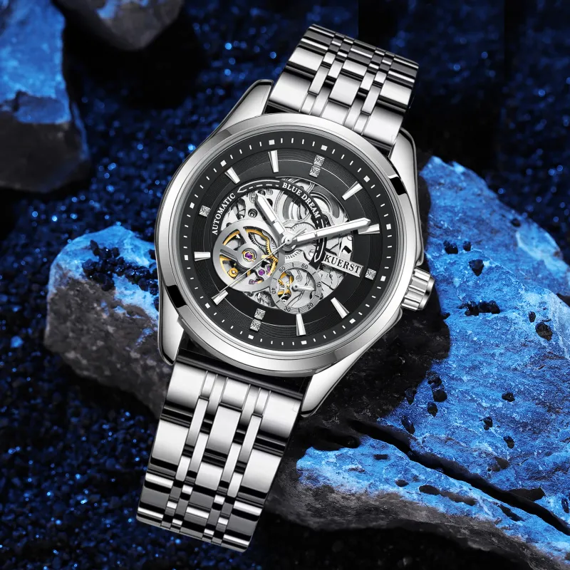 KUERST Automatic Mechanical Movement Steel Strap Watch Men's Watches Cut Out Dial-15