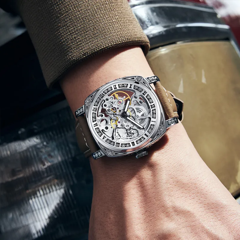 KUERST Automatic Mechanical Movement Cow Leather Strap Watch Men's Watches White Dial-3