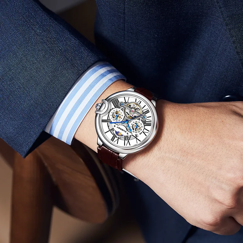 KUERST Automatic Mechanical Movement Genuine Leather Strap Men's Watches White Dial-16