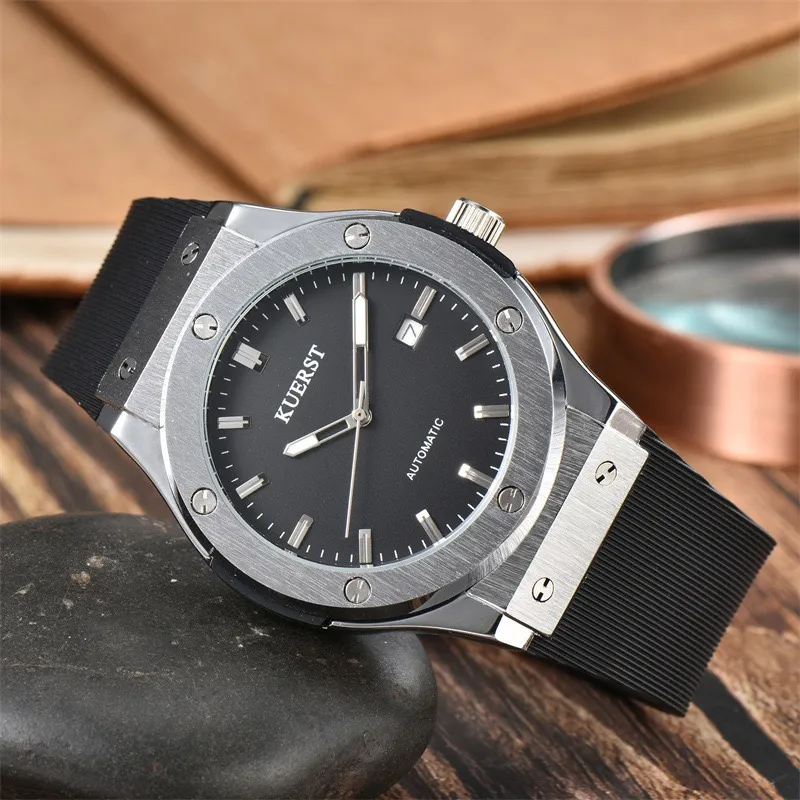 KUERST Automatic Mechanical Movement Rubber Strap Watch Men's Watches Black Dial-2
