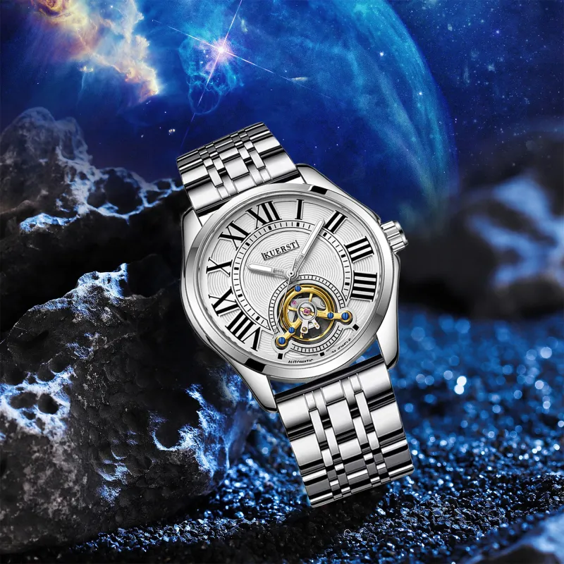 KUERST Automatic Mechanical Movement Steel Strap Watch Men's Watches White Dial-2