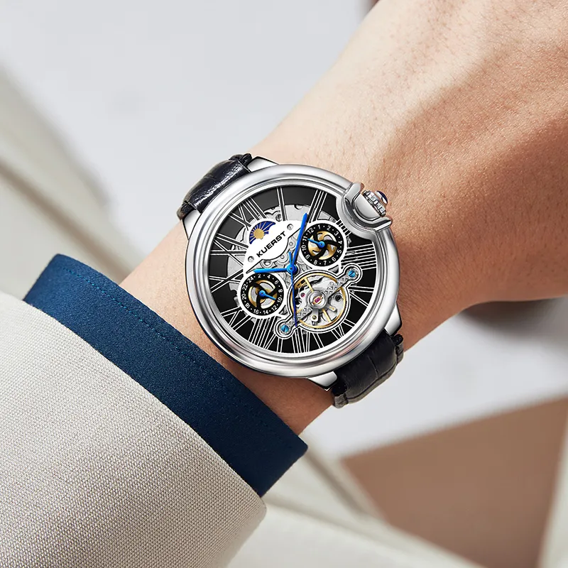 KUERST Automatic Mechanical Movement Genuine Leather Strap Men's Watches White Dial-5