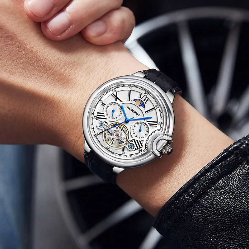KUERST Mechanical Movement Cow Leather Strap Watch Men's Watches White Dial-2