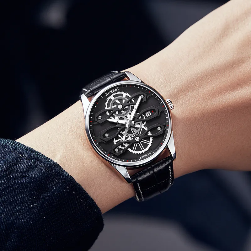 KUERST Automatic Mechanical Movement Cow Leather Strap Watch Men's Watches Blue Dial-5