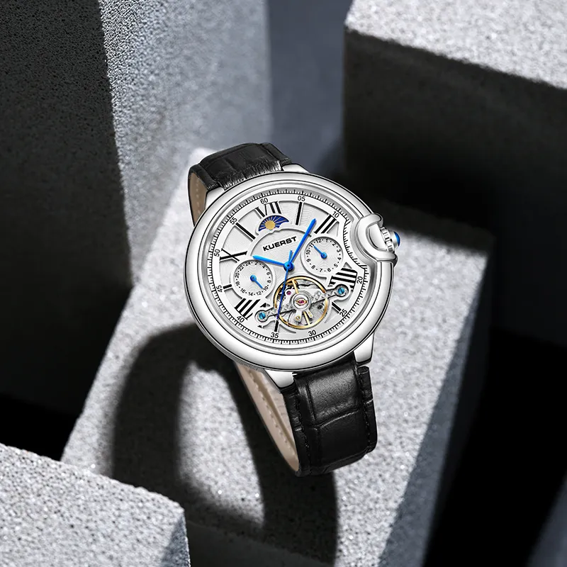 KUERST Mechanical Movement Cow Leather Strap Watch Men's Watches White Dial-3