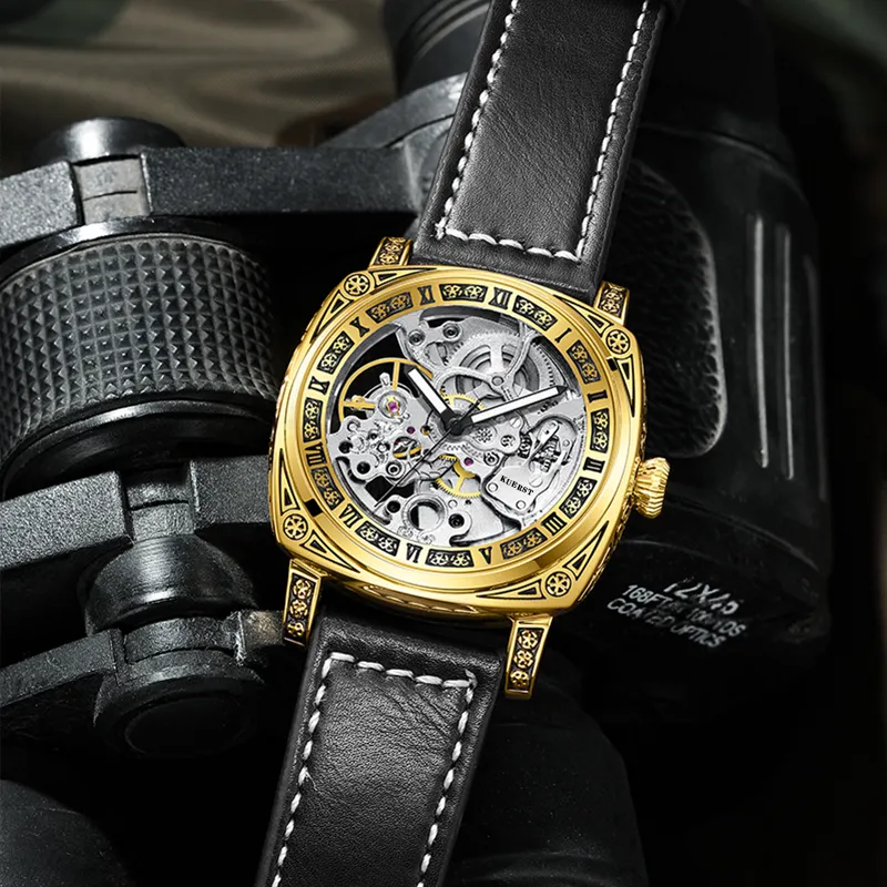 KUERST Automatic Mechanical Movement Cow Leather Strap Watch Men's Watches White Dial-9