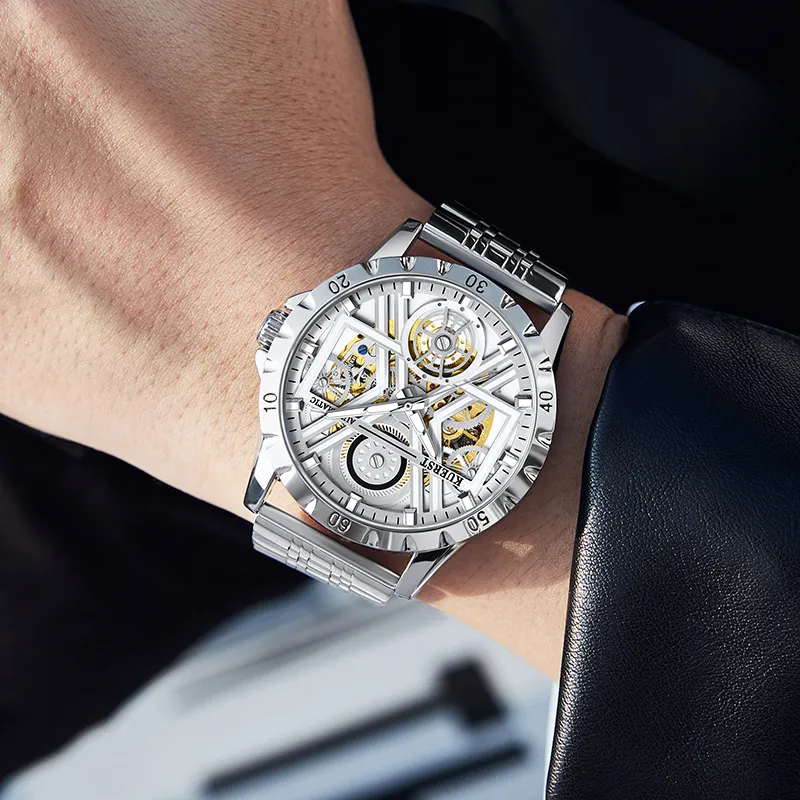 KUERST Automatic Mechanical Movement Steel Strap Watch Men's Watches White Dial-1