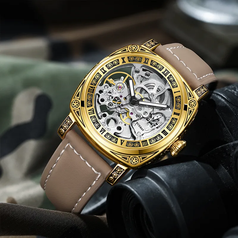 KUERST Automatic Mechanical Movement Cow Leather Strap Watch Men's Watches White Dial-15