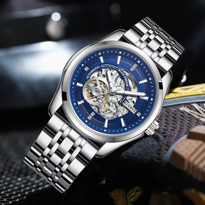 KUERST Automatic Mechanical Movement Steel Strap Watch Men's Watches Cut Out Dial-7