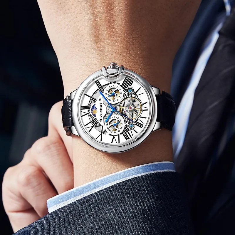 KUERST Automatic Mechanical Movement Genuine Leather Strap Men's Watches White Dial-1