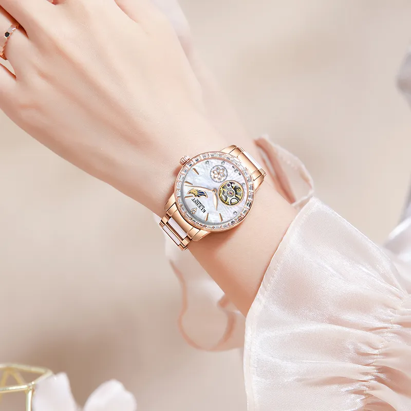 KUERST Automatic Mechanical Movement Steel Strap Watch Women's Watch White Dial-2