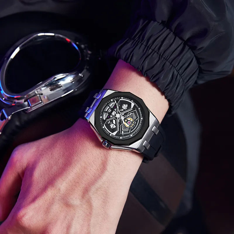 KUERST Automatic Mechanical Movement Rubber Strap Watch Men's Watches Black Dial-10