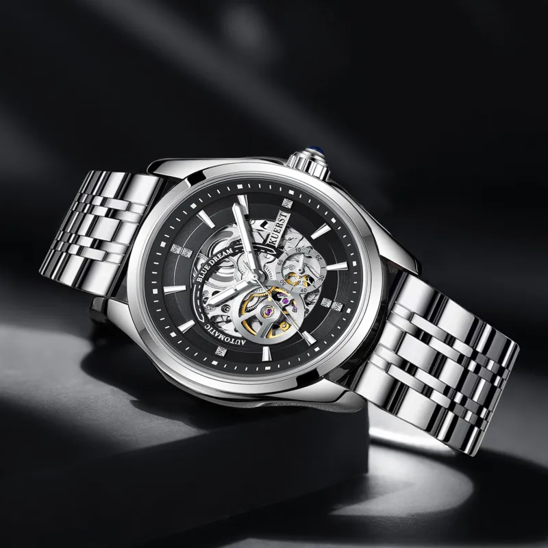 KUERST Automatic Mechanical Movement Steel Strap Watch Men's Watches Cut Out Dial-14