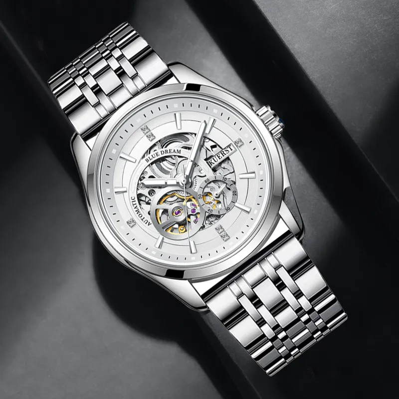 KUERST Automatic Mechanical Movement Steel Strap Watch Men's Watches Cut Out Dial-3