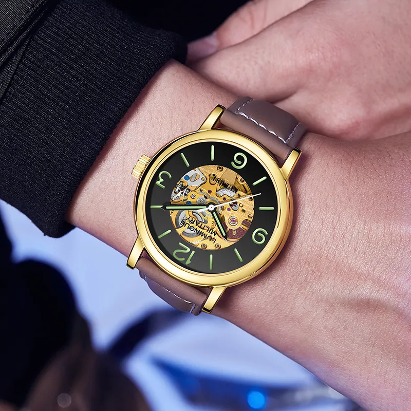 KUERST Automatic Mechanical Movement Cow Leather Strap Watch Men's Watches Black Dial-7